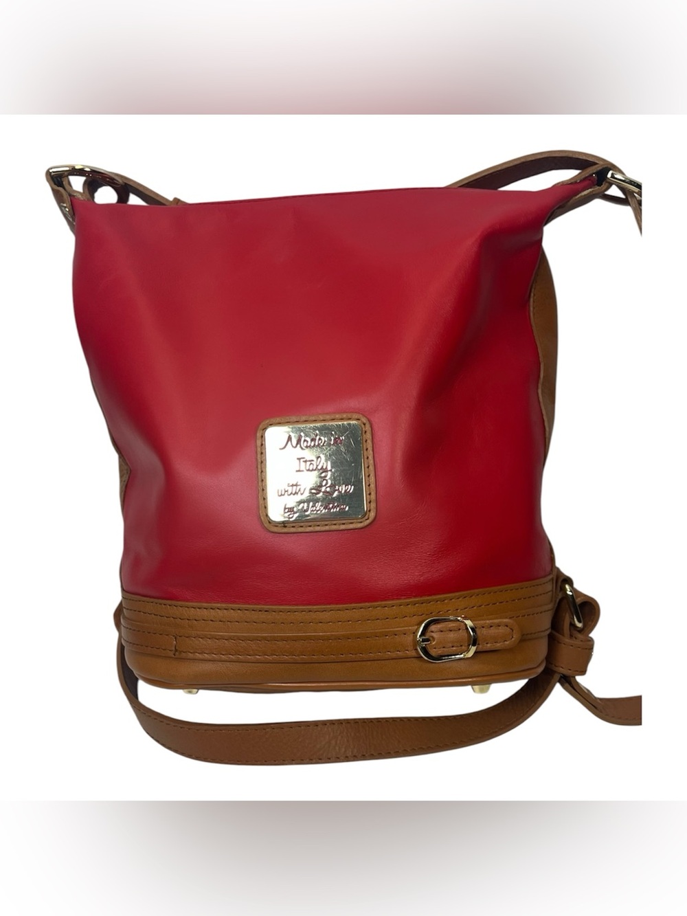 Vintage Valentina Italian Leather Convertible Backpack Bucket Bag Red/Tan